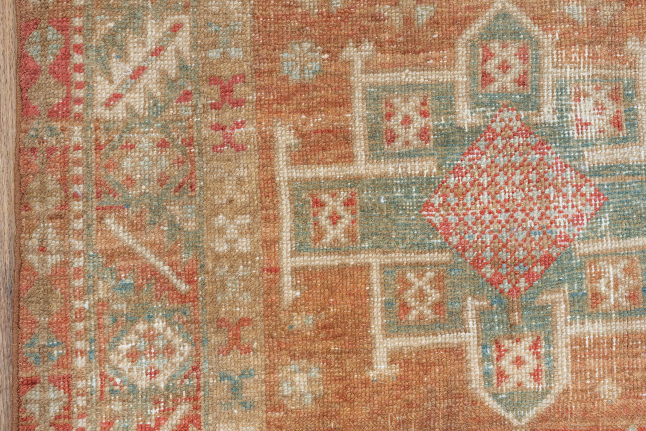 3' x 5' one-of-a-kind handmade vintage Heriz small size rug. Color palette: terra cotta, ivory, pale blue, rust, camel, sage