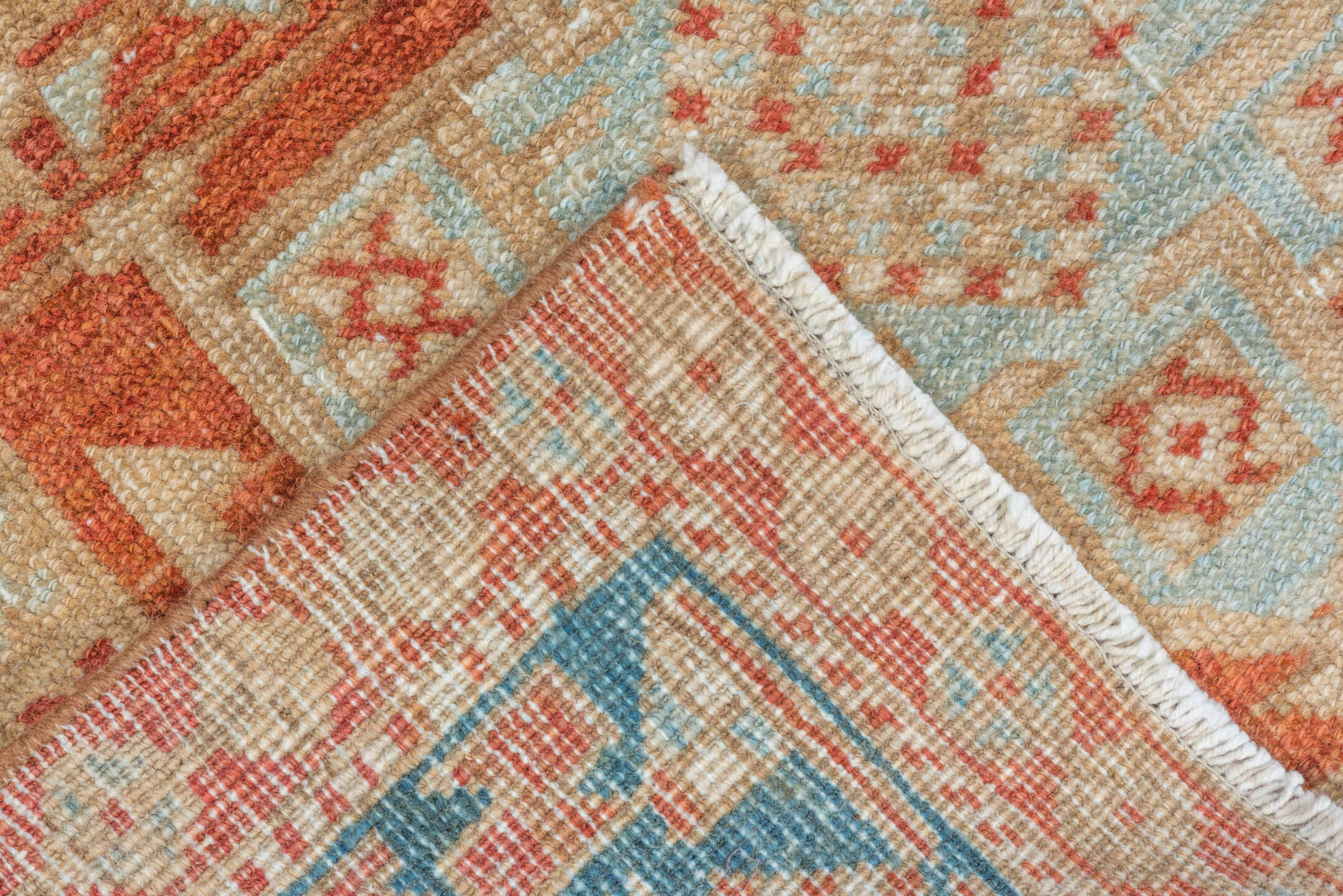 3' x 5' one-of-a-kind handmade vintage Heriz small size rug. Color palette: terra cotta, ivory, pale blue, rust, camel, sage