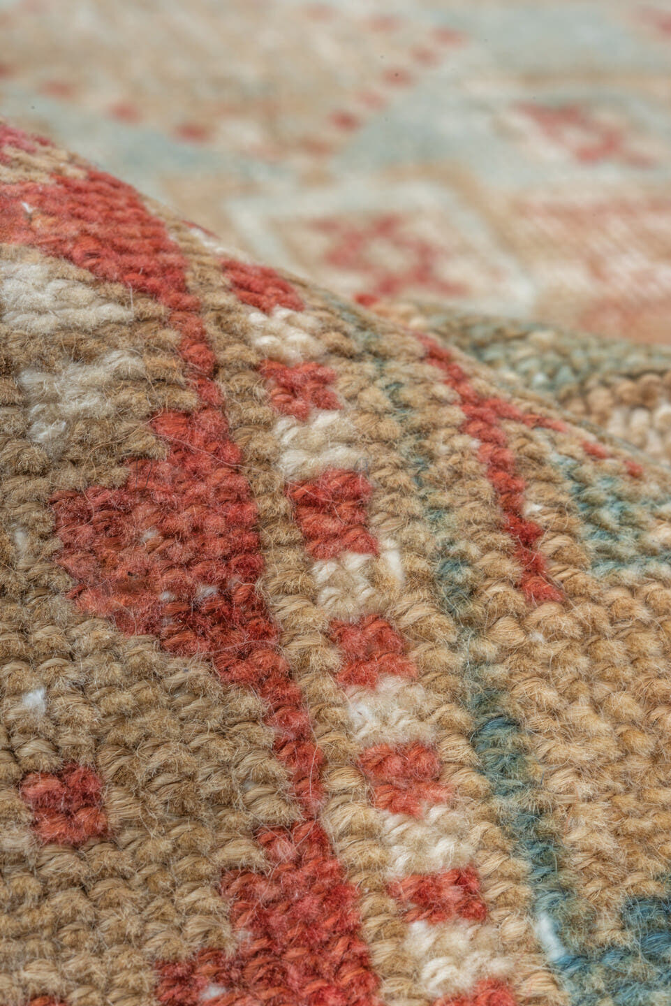 3' x 5' one-of-a-kind handmade vintage Heriz small size rug. Color palette: terra cotta, ivory, pale blue, rust, camel, sage