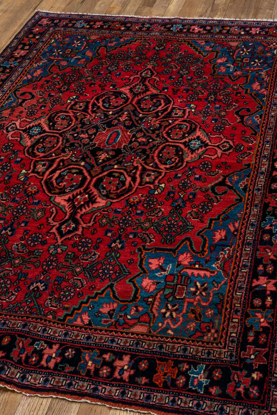 3' x 5' one-of-a-kind handmade vintage Bidjar small size rug. Color palette: coral, navy, sky blue, rose, ivory, charcoal