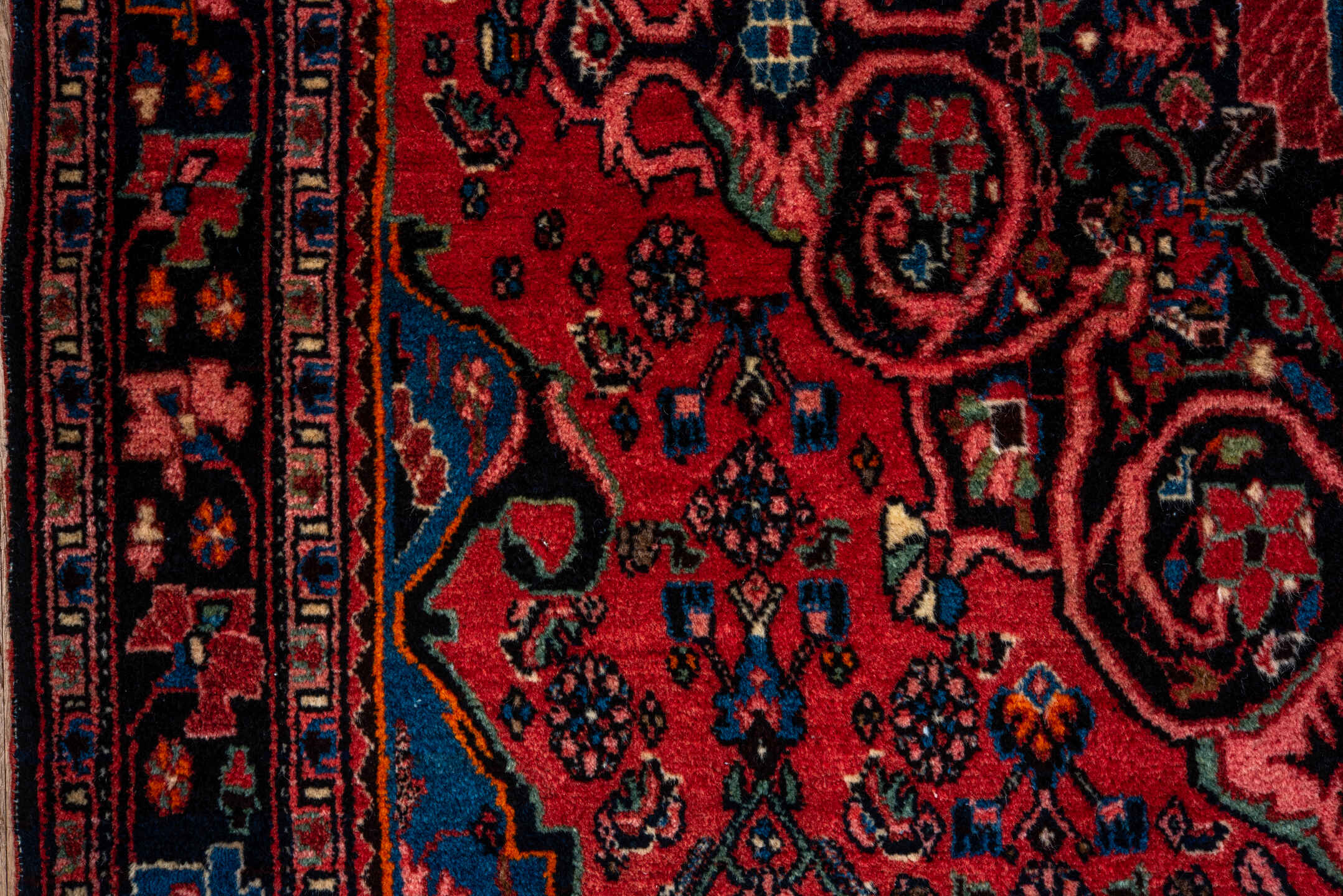 3' x 5' one-of-a-kind handmade vintage Bidjar small size rug. Color palette: coral, navy, sky blue, rose, ivory, charcoal