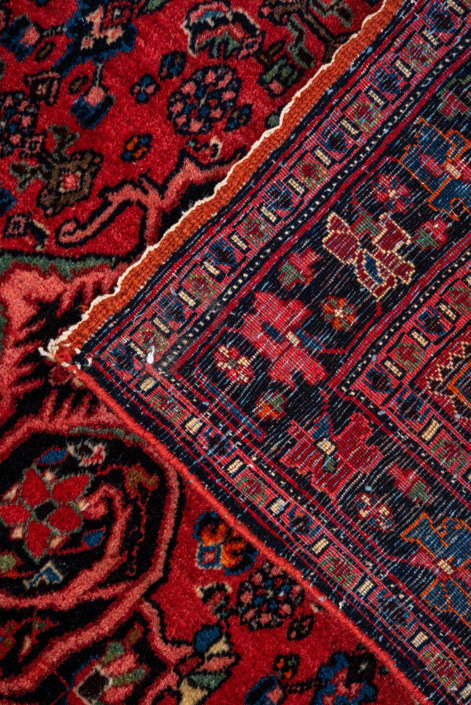 3' x 5' one-of-a-kind handmade vintage Bidjar small size rug. Color palette: coral, navy, sky blue, rose, ivory, charcoal
