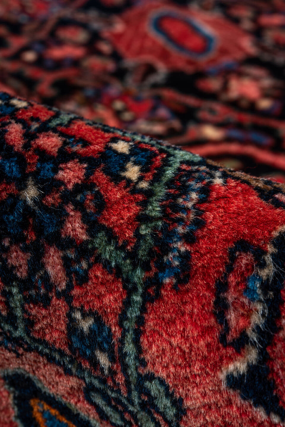 3' x 5' one-of-a-kind handmade vintage Bidjar small size rug. Color palette: coral, navy, sky blue, rose, ivory, charcoal