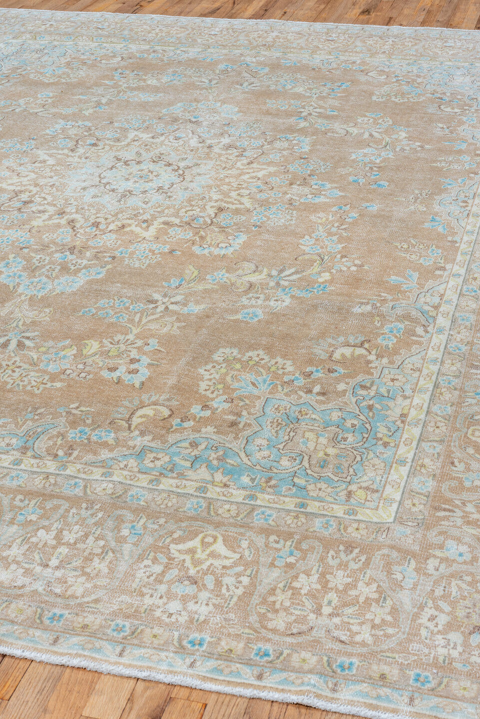 9' x 12' one-of-a-kind handmade vintage Kerman large size rug. Color palette: taupe, ivory, aqua, beige, cream, pale gold