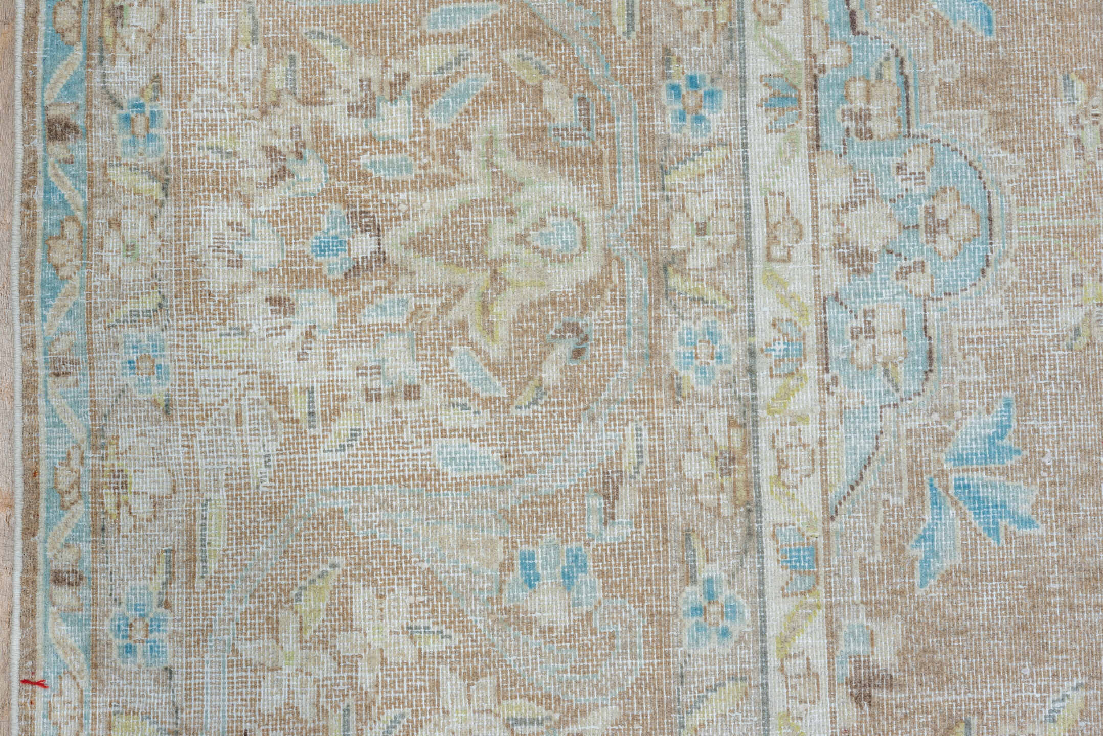 9' x 12' one-of-a-kind handmade vintage Kerman large size rug. Color palette: taupe, ivory, aqua, beige, cream, pale gold