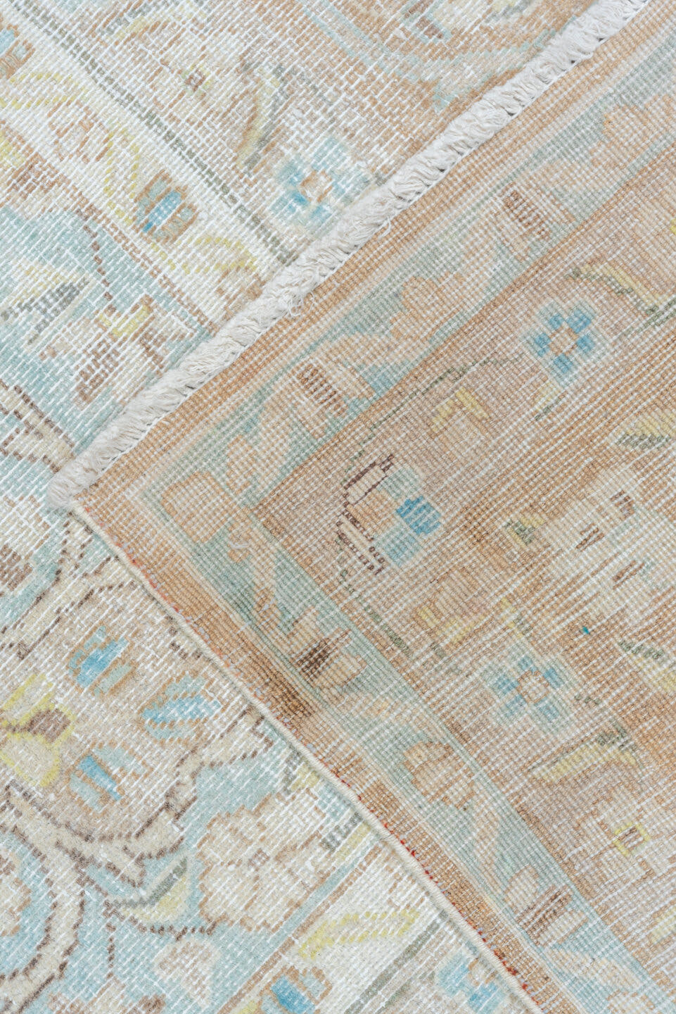 9' x 12' one-of-a-kind handmade vintage Kerman large size rug. Color palette: taupe, ivory, aqua, beige, cream, pale gold