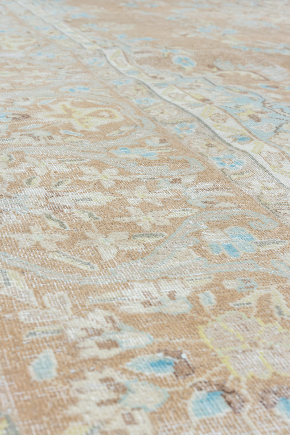 9' x 12' one-of-a-kind handmade vintage Kerman large size rug. Color palette: taupe, ivory, aqua, beige, cream, pale gold