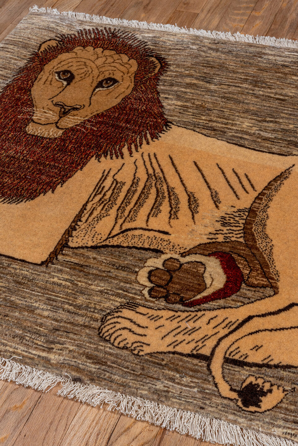 3' x 3' one-of-a-kind handmade vintage Gabbe small size rug. Color palette: taupe, camel, rust, brown, ivory, charcoal