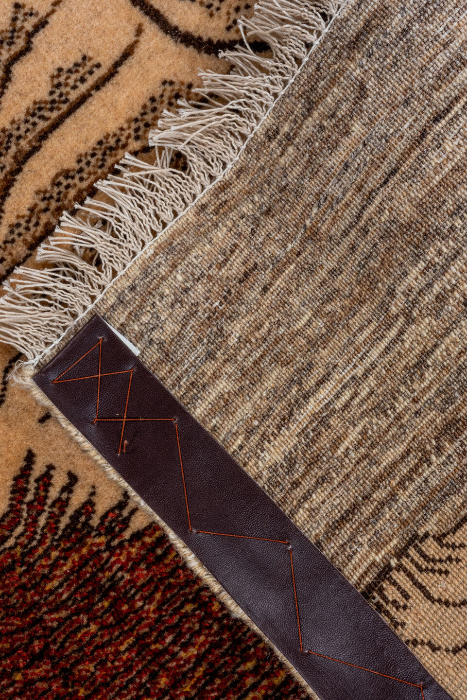 3' x 3' one-of-a-kind handmade vintage Gabbe small size rug. Color palette: taupe, camel, rust, brown, ivory, charcoal