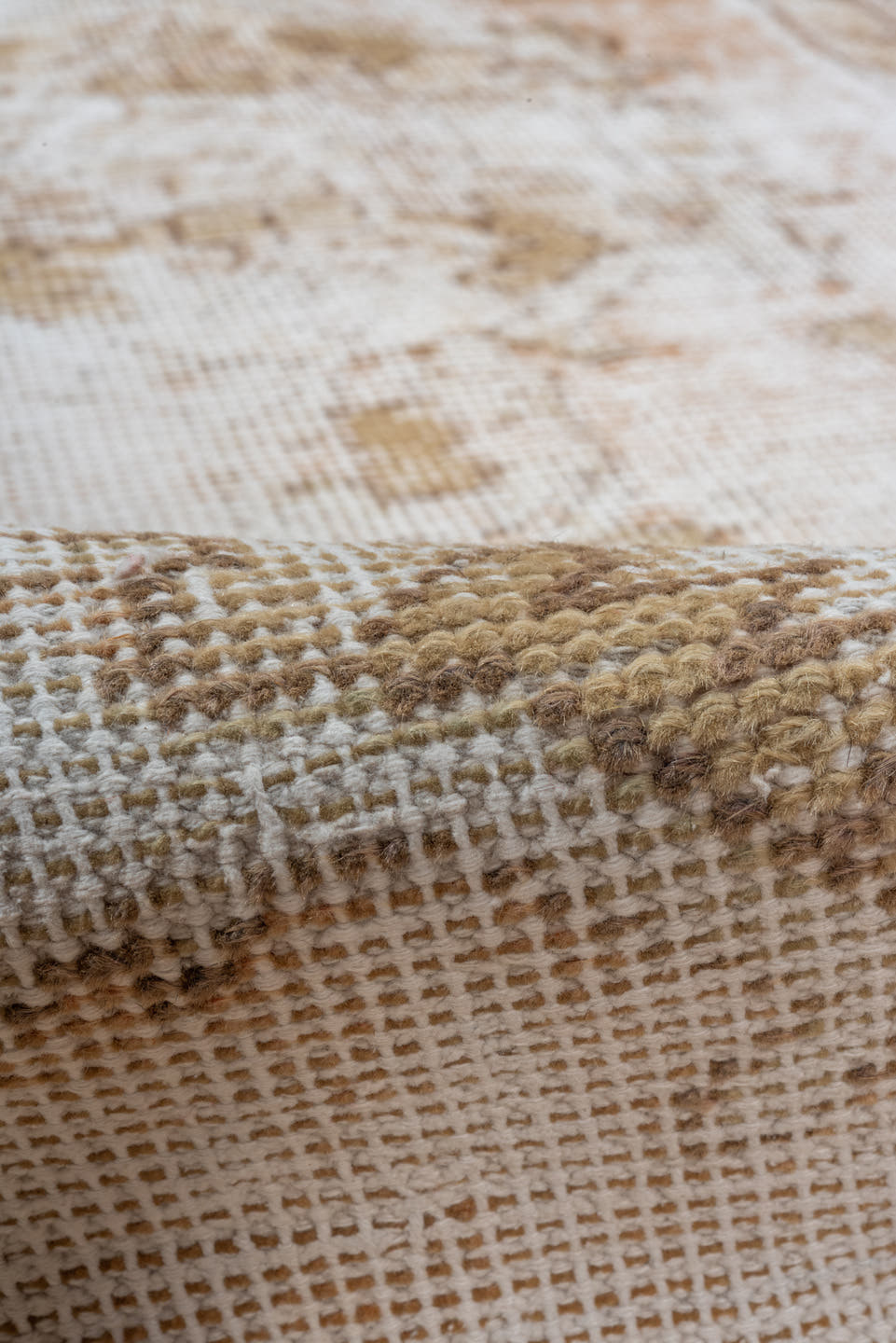3' x 9' one-of-a-kind handmade vintage Oushak runner rug. Color palette: ivory, blush, taupe, beige, camel, sage