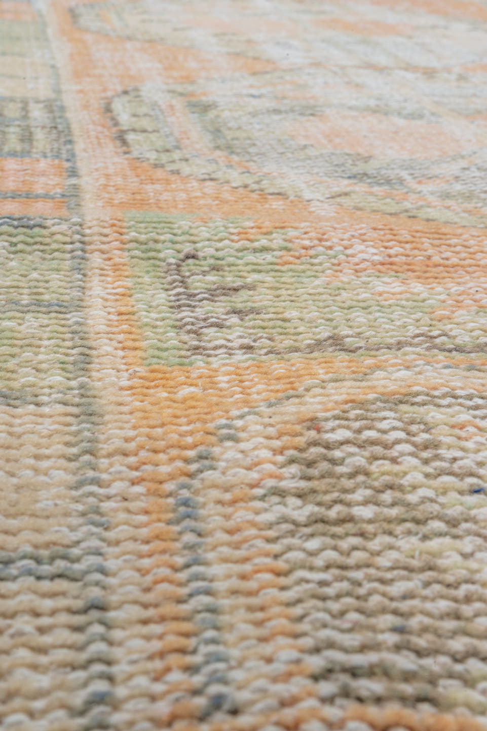 2' x 11' one-of-a-kind handmade vintage Oushak runner rug. Color palette: peach, sage, taupe, ivory, camel, gray, terracotta