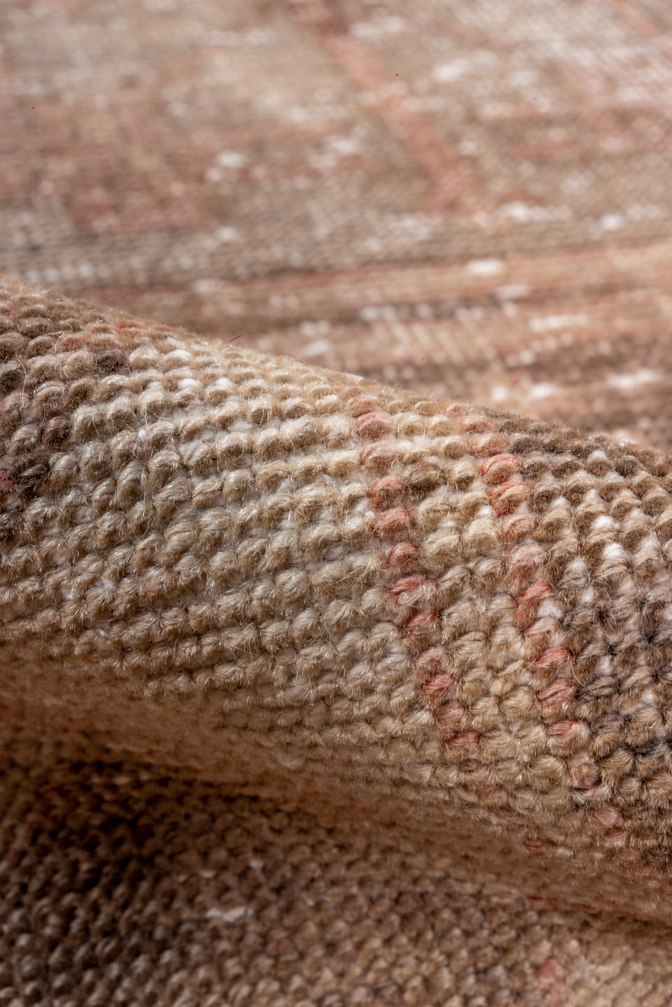 2' x 9' one-of-a-kind handmade vintage Oushak runner rug. Color palette: rose, taupe, charcoal, rust, ivory, brown, pink
