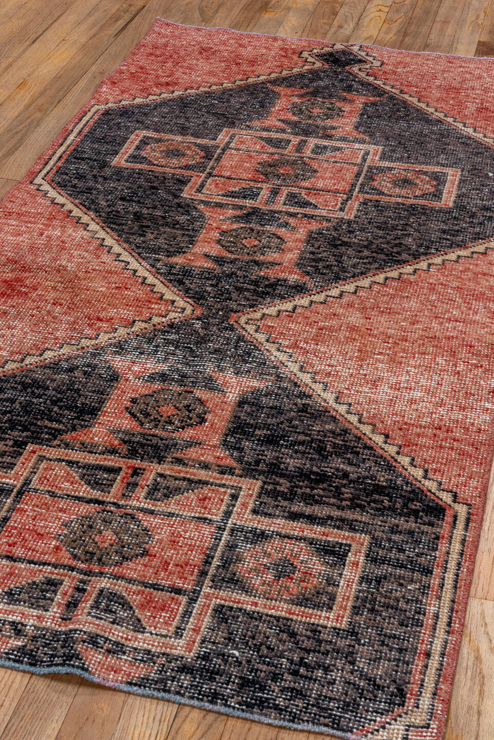 3' x 6' one-of-a-kind handmade vintage Oushak runner rug. Color palette: coral, charcoal, ivory, rose, taupe, terracotta