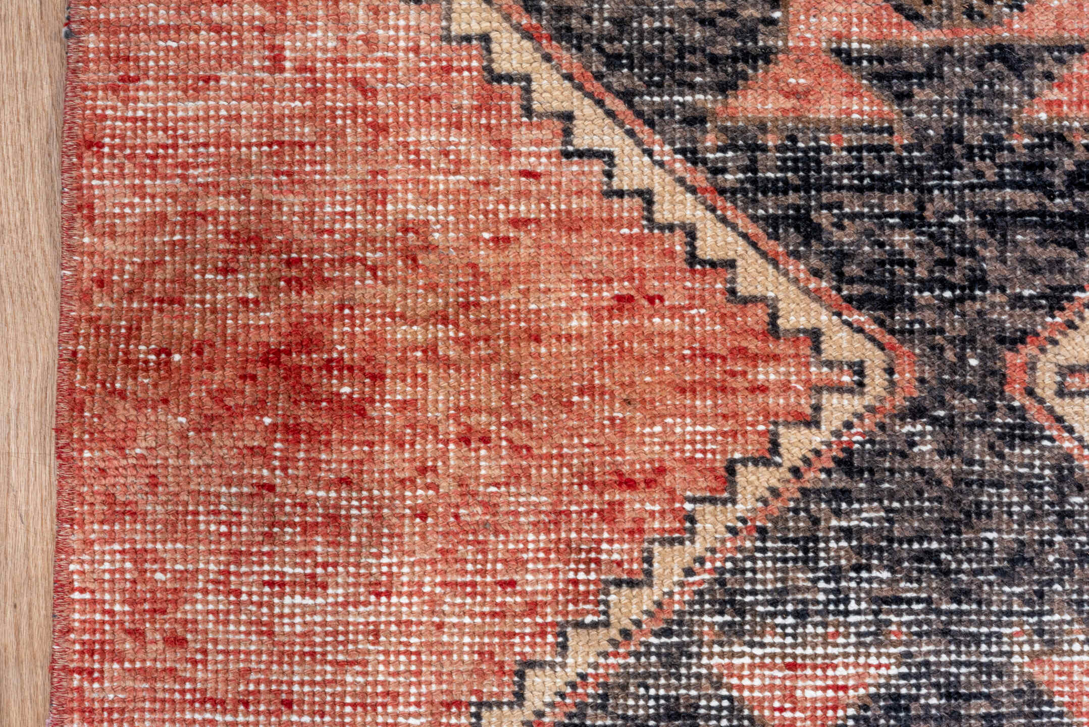 3' x 6' one-of-a-kind handmade vintage Oushak runner rug. Color palette: coral, charcoal, ivory, rose, taupe, terracotta