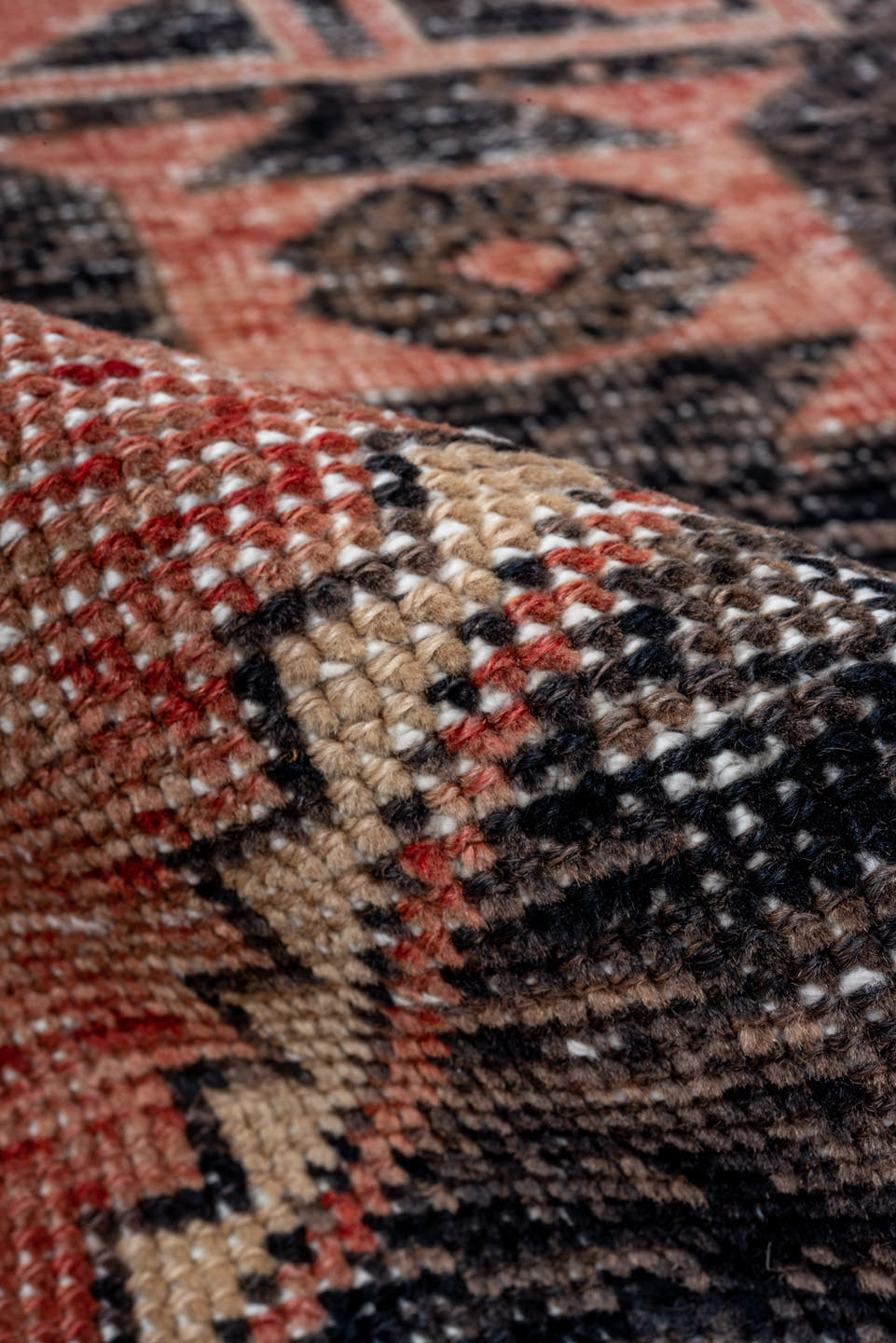 3' x 6' one-of-a-kind handmade vintage Oushak runner rug. Color palette: coral, charcoal, ivory, rose, taupe, terracotta