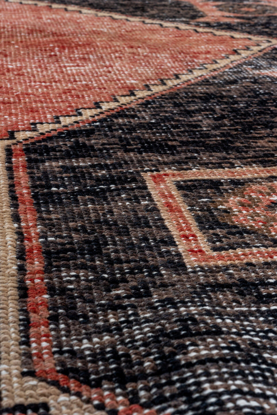 3' x 6' one-of-a-kind handmade vintage Oushak runner rug. Color palette: coral, charcoal, ivory, rose, taupe, terracotta