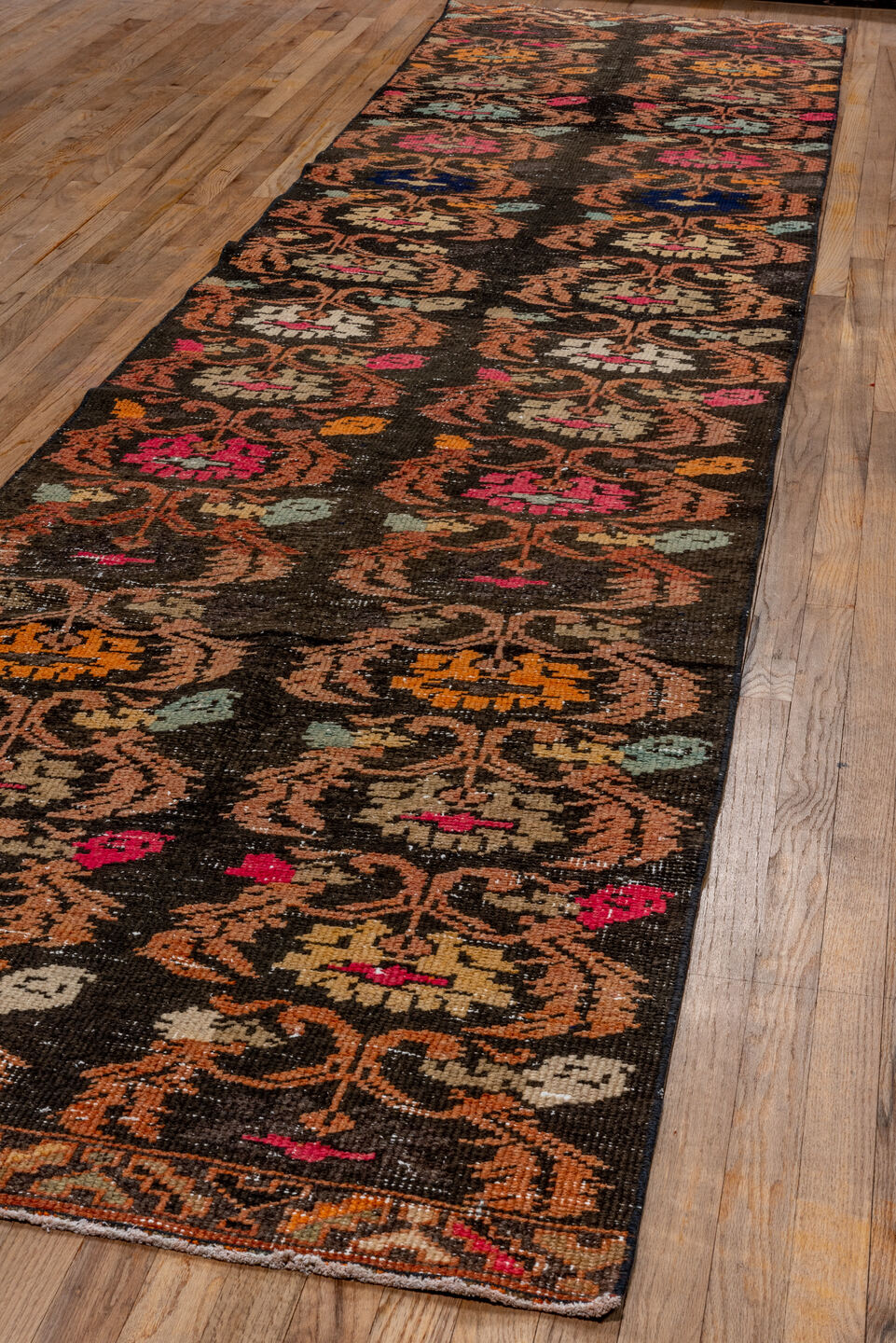 3' x 14' one-of-a-kind handmade vintage Oushak runner rug. Color palette: black, brown, gray, off-white, pink, red, snow