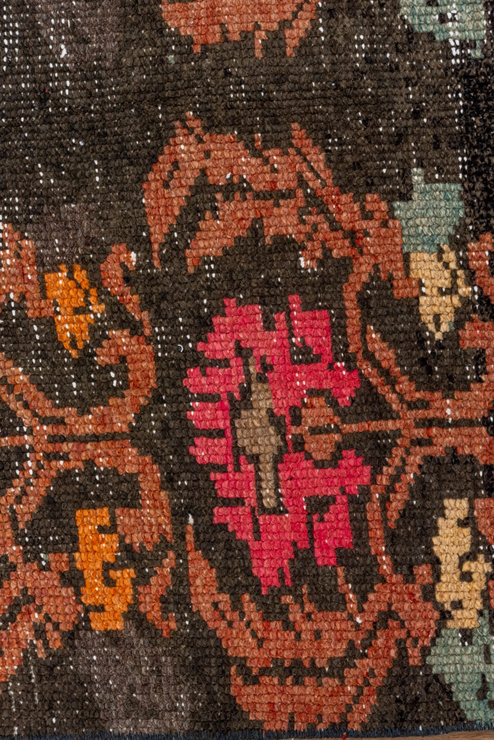 3' x 14' one-of-a-kind handmade vintage Oushak runner rug. Color palette: black, brown, gray, off-white, pink, red, snow