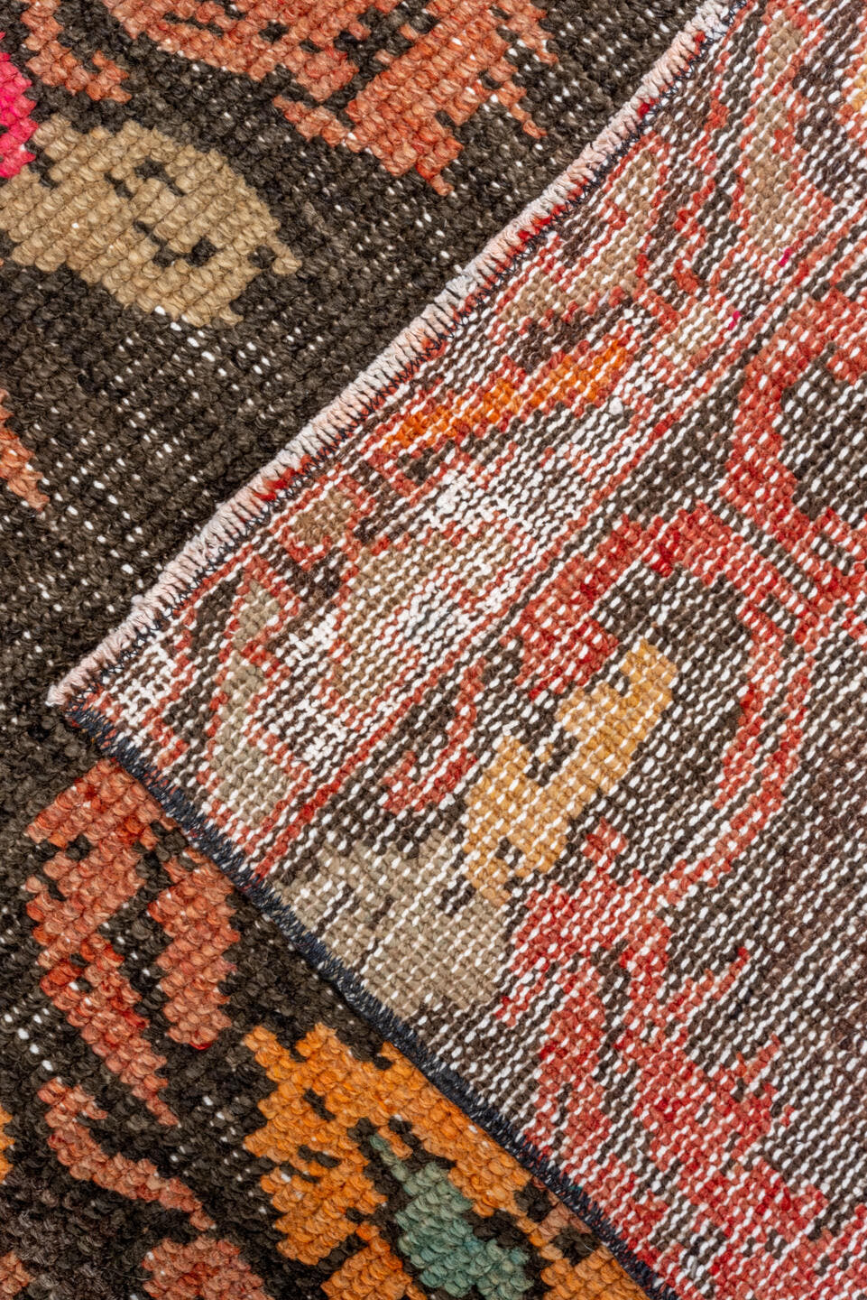 3' x 14' one-of-a-kind handmade vintage Oushak runner rug. Color palette: brown, rust, coral, ivory, charcoal, aqua, navy