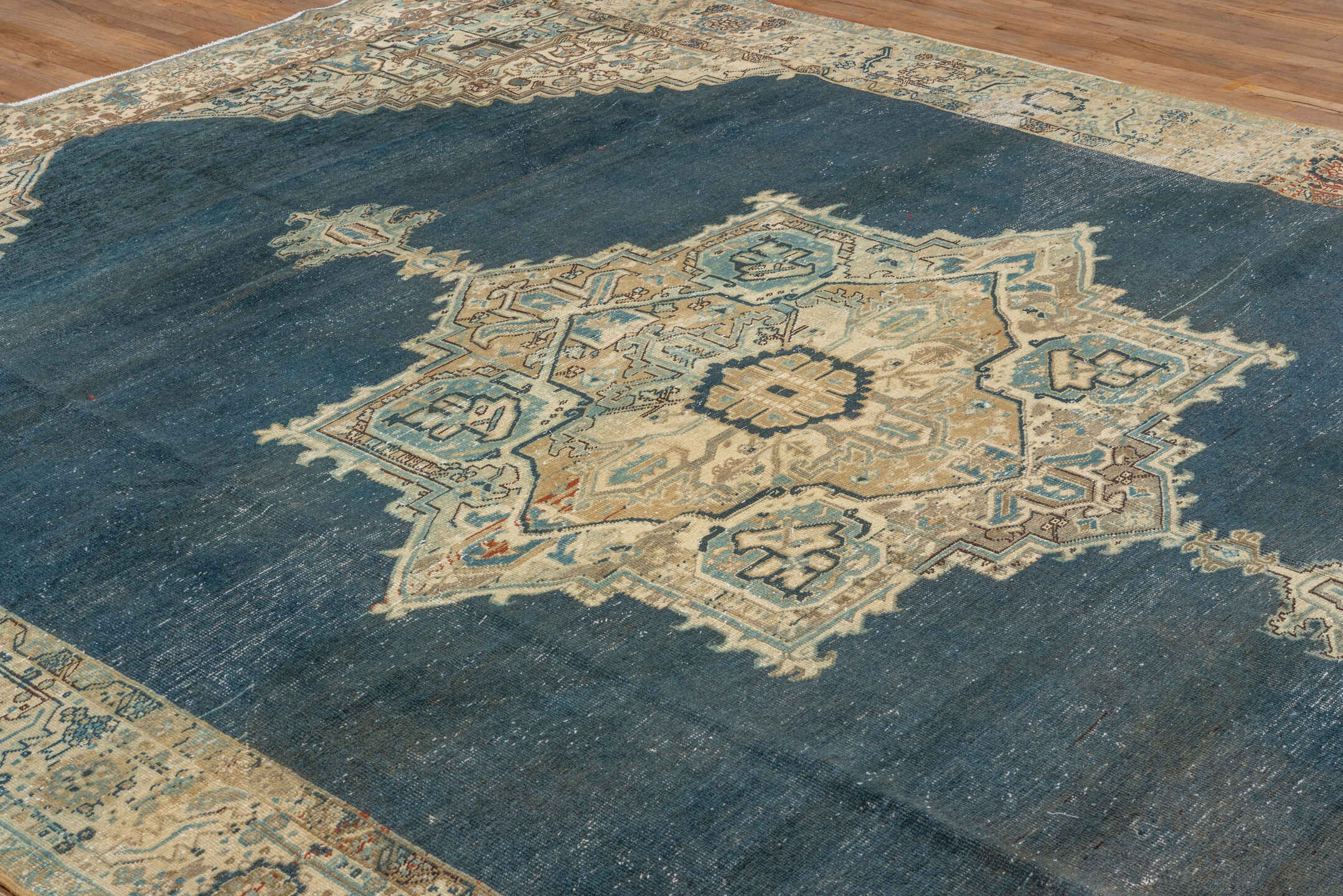 9' x 13' one-of-a-kind handmade vintage Heriz large size rug. Color palette: black, blue, brown, gray, light gray, off-white