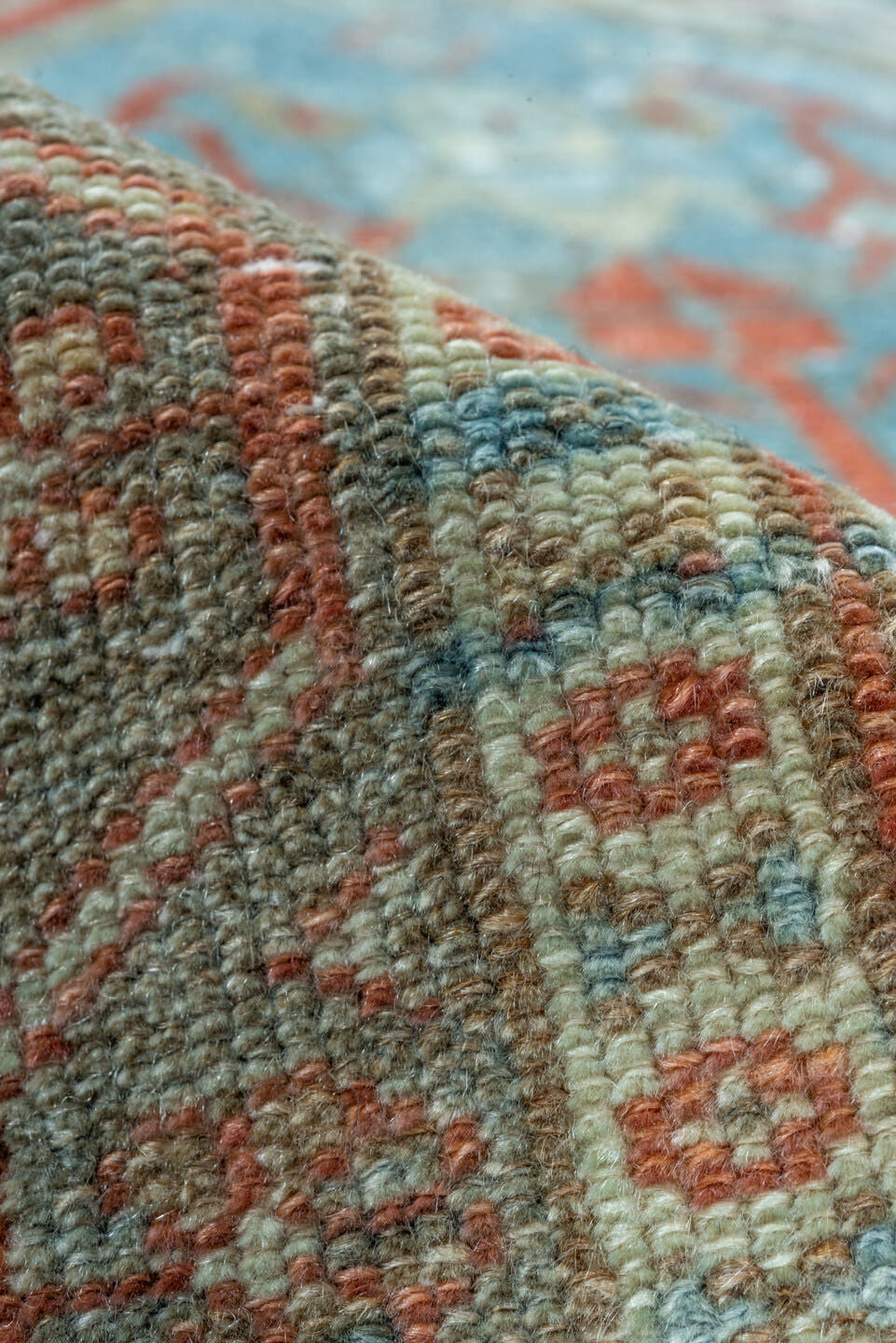 5' x 10' one-of-a-kind handmade vintage Baktiary runner rug. Color palette: rust, sky blue, ivory, camel, teal, terra cotta