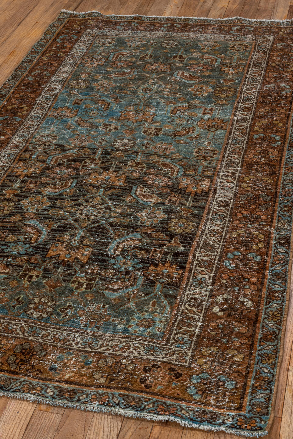 3' x 5' one-of-a-kind handmade vintage Malayer small size rug. Color palette: rust, blue, brown, ivory, camel, charcoal