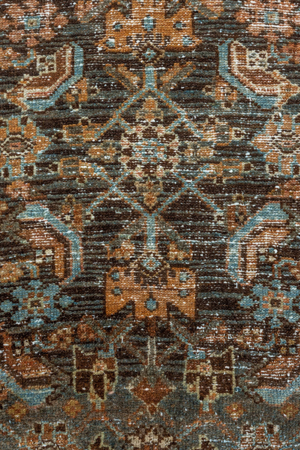 3' x 5' one-of-a-kind handmade vintage Malayer small size rug. Color palette: rust, blue, brown, ivory, camel, charcoal