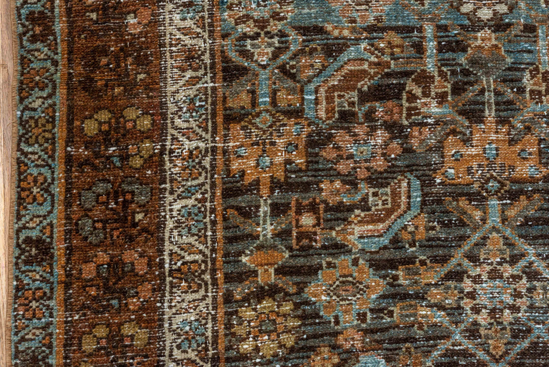 3' x 5' one-of-a-kind handmade vintage Malayer small size rug. Color palette: rust, blue, brown, ivory, camel, charcoal