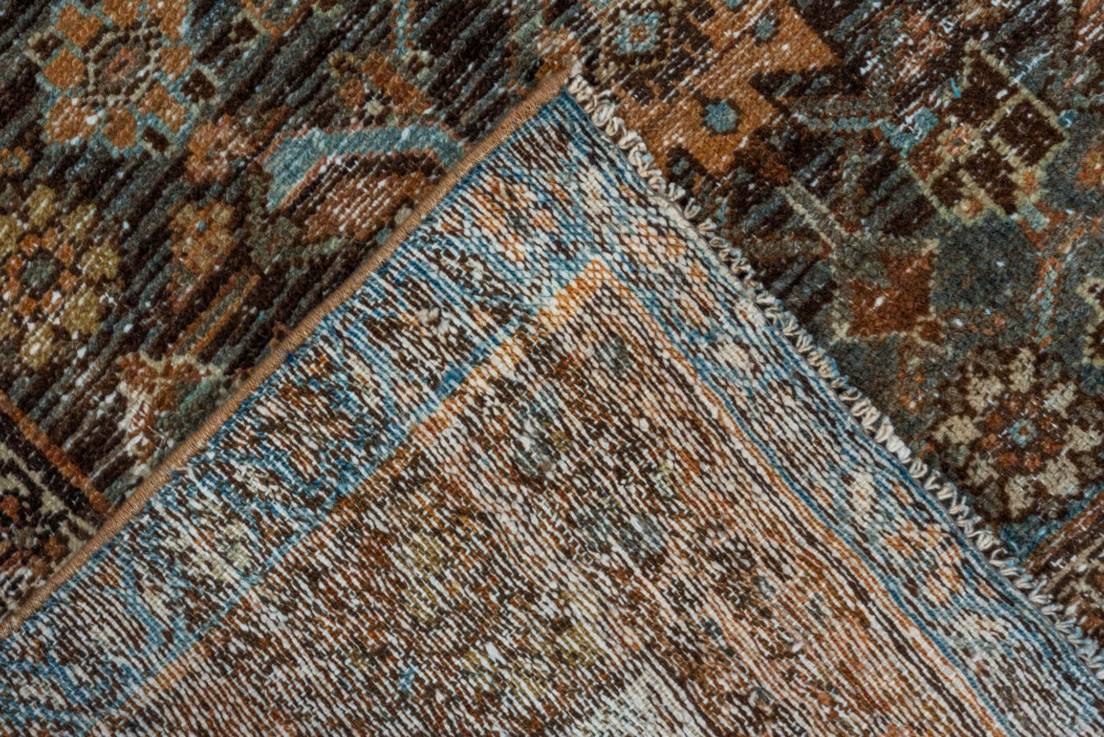 3' x 5' one-of-a-kind handmade vintage Malayer small size rug. Color palette: rust, blue, brown, ivory, camel, charcoal