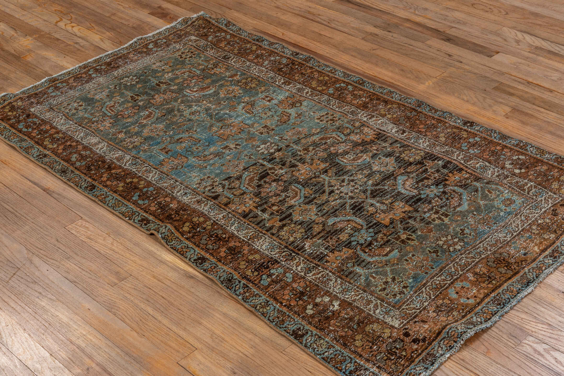 3' x 5' one-of-a-kind handmade vintage Malayer small size rug. Color palette: rust, blue, brown, ivory, camel, charcoal
