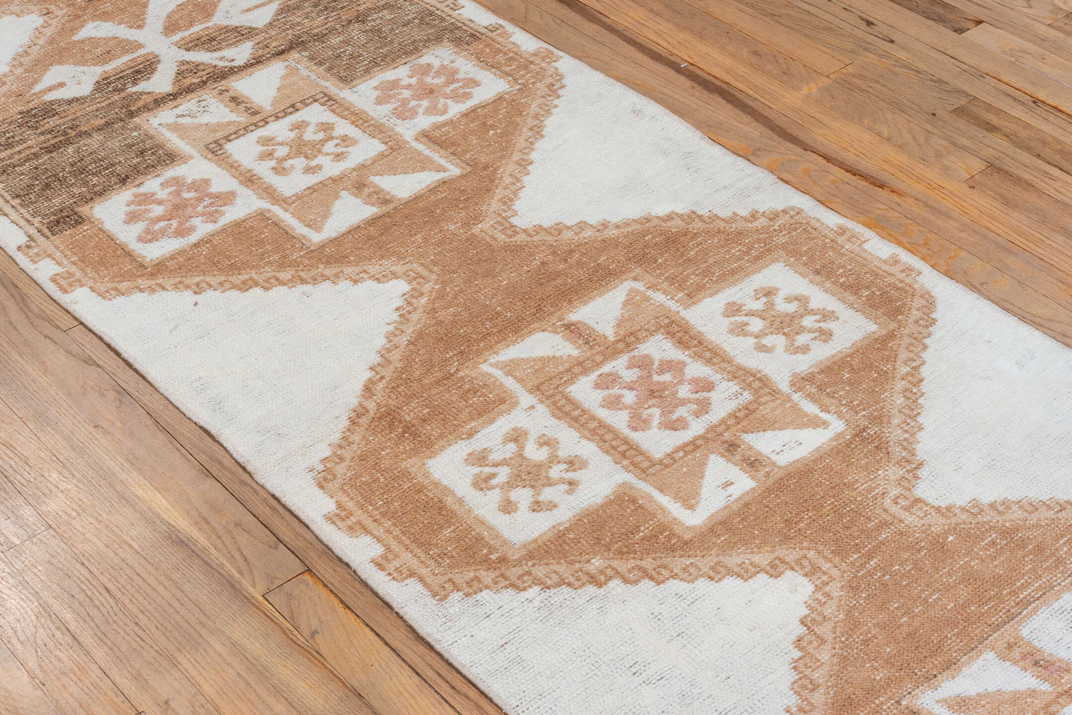 2' x 9' one-of-a-kind handmade vintage Oushak runner rug. Color palette: ivory, camel, taupe, beige, gray