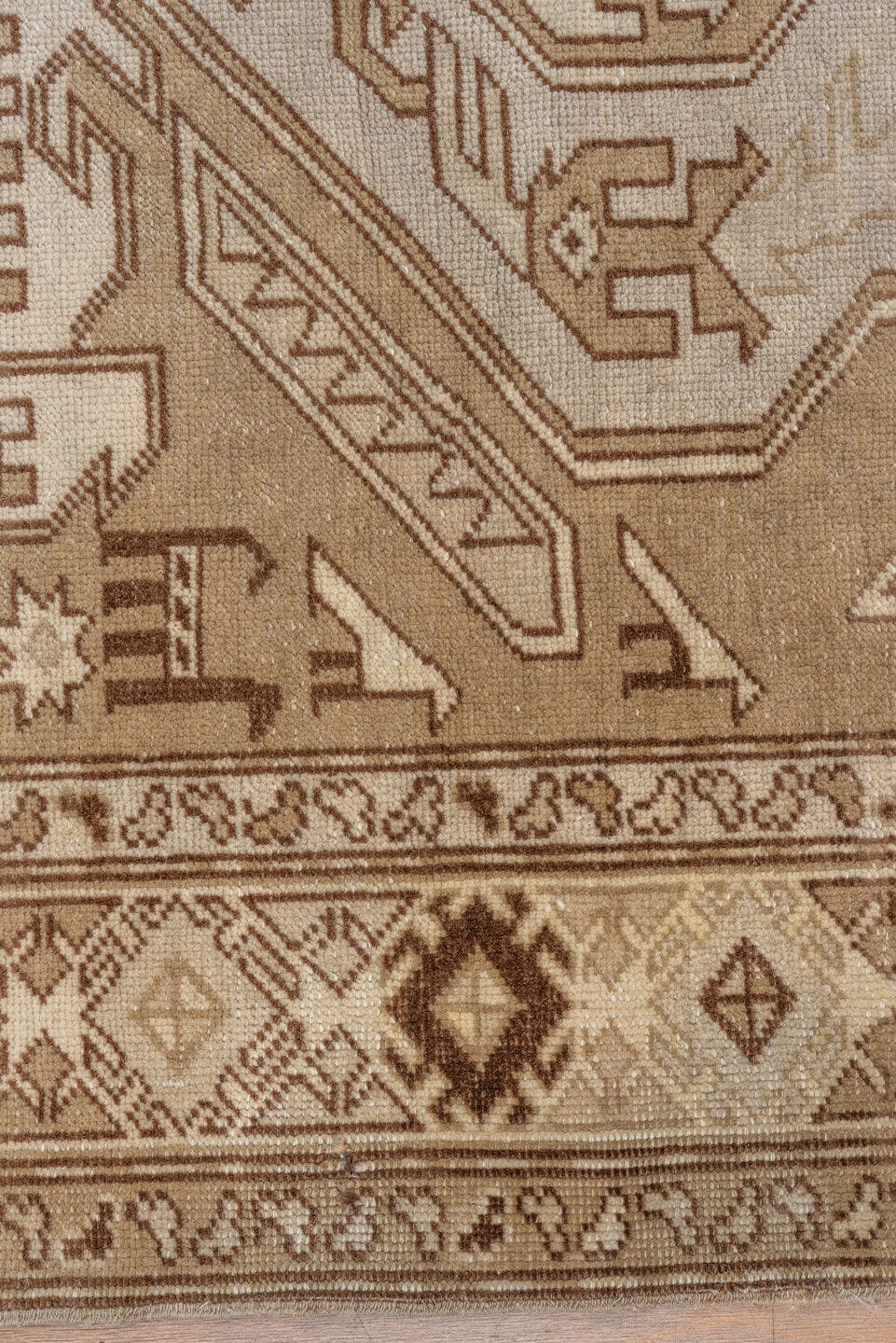 4' x 6' one-of-a-kind handmade vintage Caucasian small size rug. Color palette: ivory, camel, taupe, brown, sand, beige