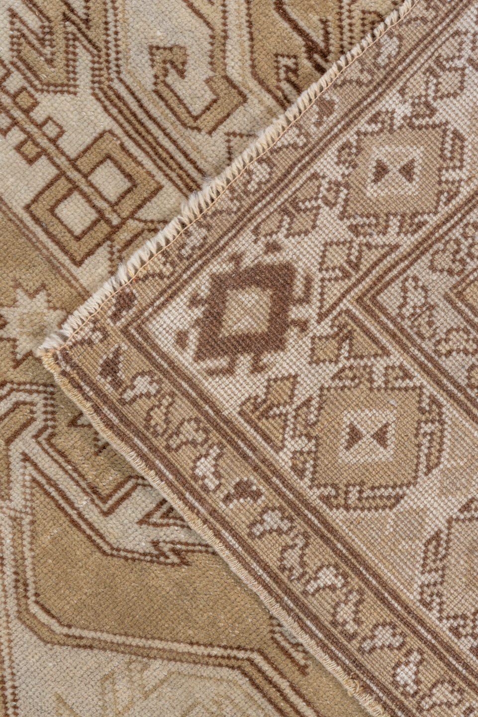 4' x 6' one-of-a-kind handmade vintage Caucasian small size rug. Color palette: ivory, camel, taupe, brown, sand, beige
