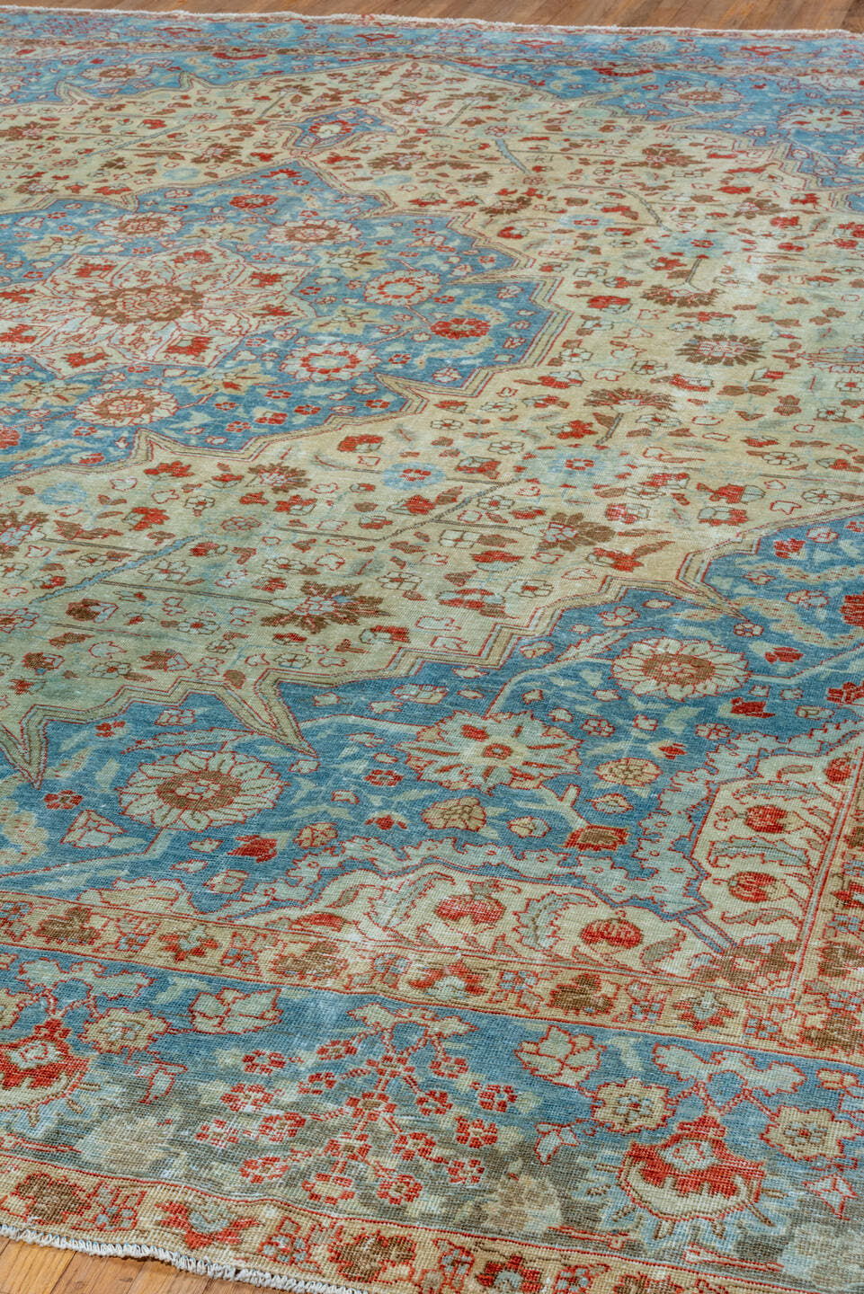 11' x 13' one-of-a-kind handmade vintage Tabriz oversize rug. Color palette: ivory, sky blue, rust, camel, taupe, terracotta
