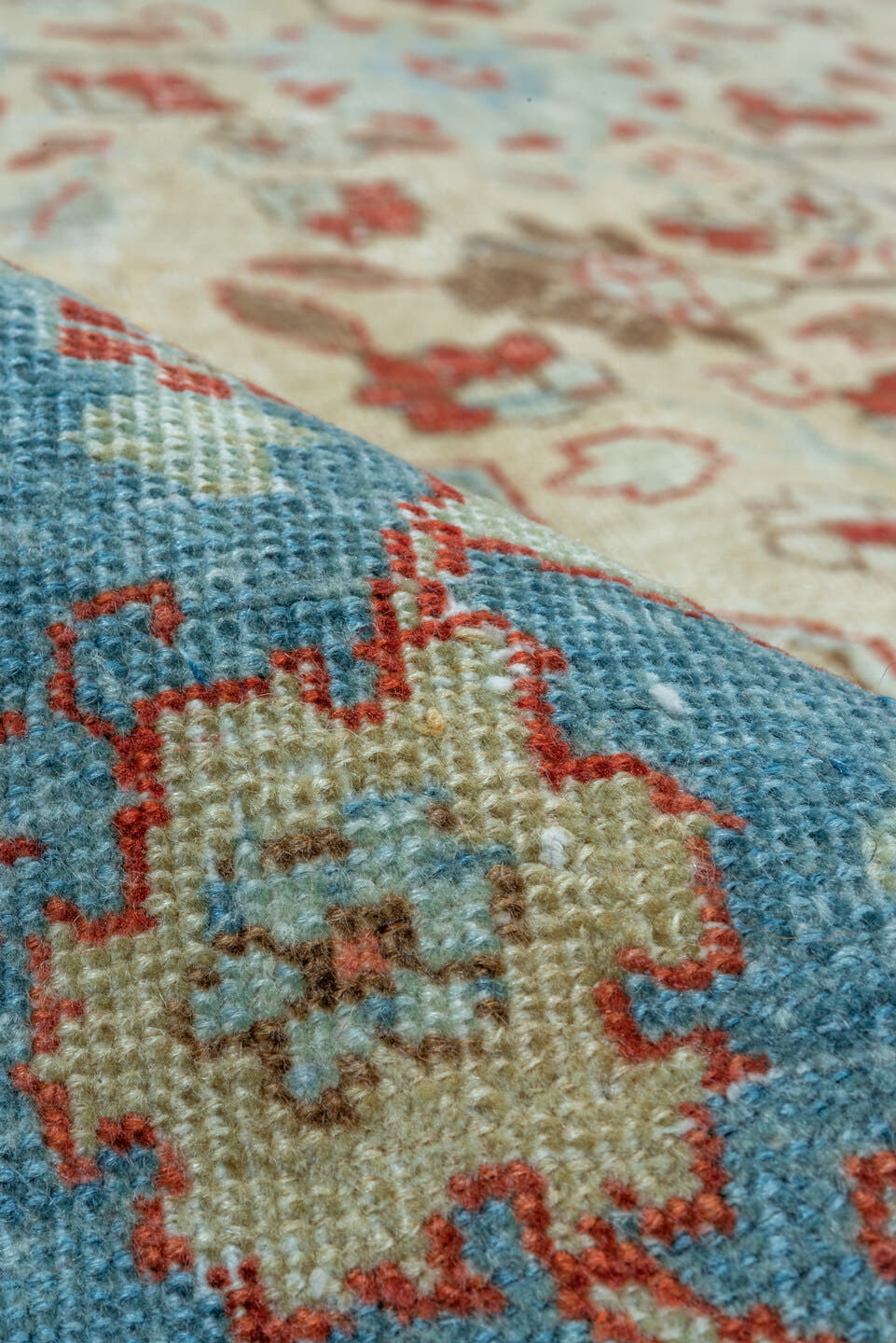 11' x 13' one-of-a-kind handmade vintage Tabriz oversize rug. Color palette: ivory, sky blue, rust, camel, taupe, terracotta