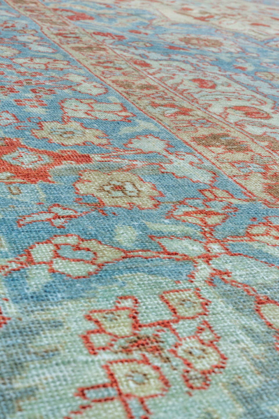 11' x 13' one-of-a-kind handmade vintage Tabriz oversize rug. Color palette: ivory, sky blue, rust, camel, taupe, terracotta