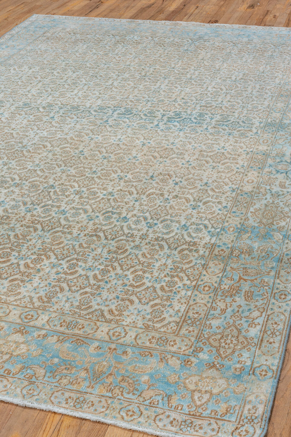 6' x 10' one-of-a-kind handmade vintage Tabriz large size rug. Color palette: ivory, sky blue, beige, taupe, camel