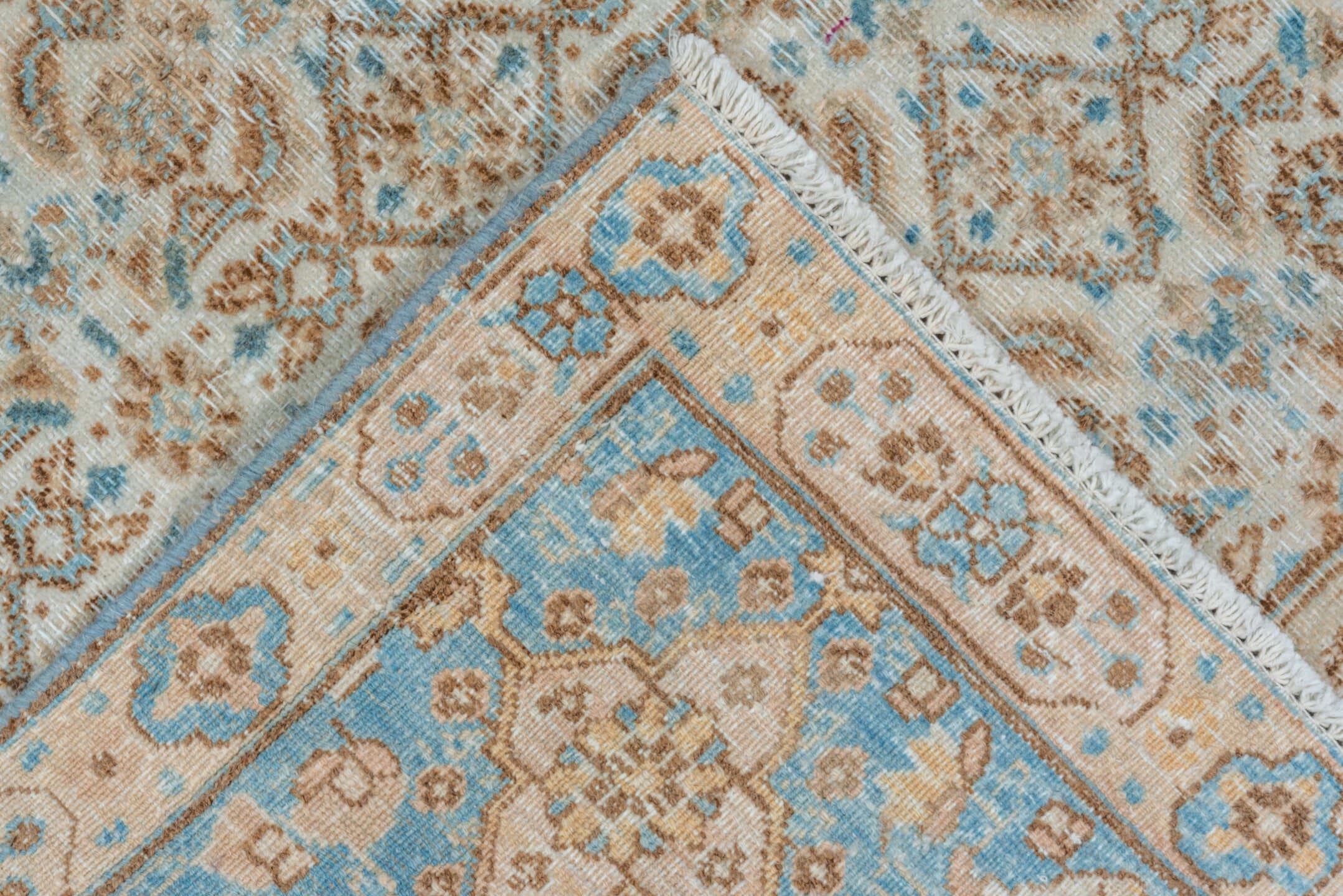 6' x 10' one-of-a-kind handmade vintage Tabriz large size rug. Color palette: ivory, sky blue, beige, taupe, camel