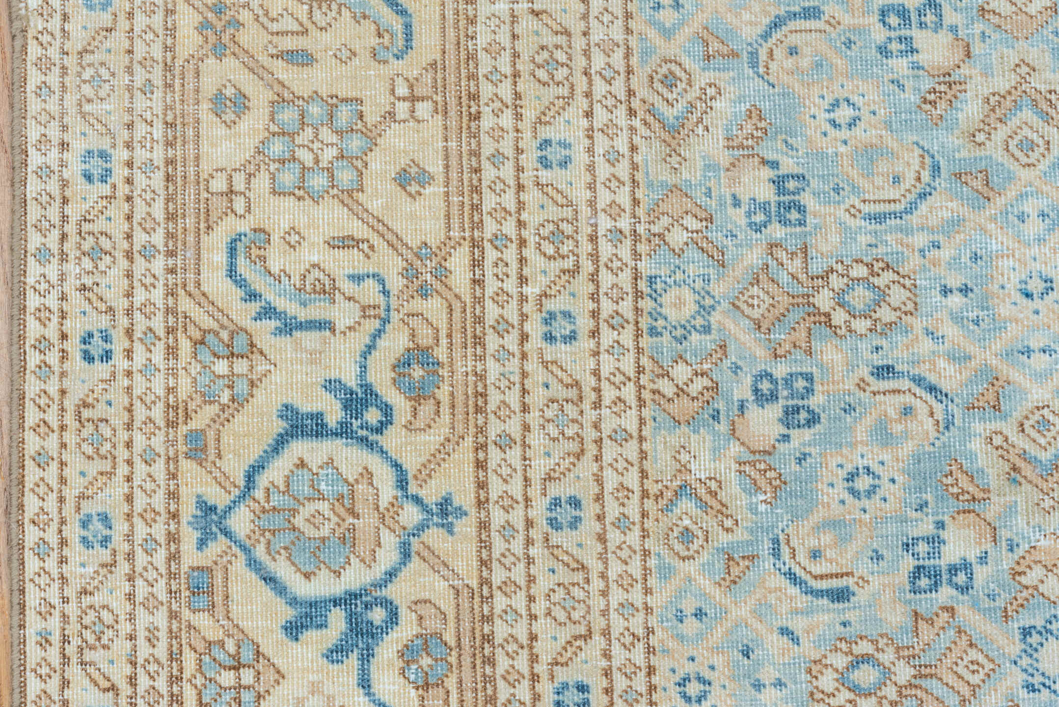 7' x 10' one-of-a-kind handmade vintage Tabriz large size rug. Color palette: ivory, sky blue, beige, tan, slate, camel