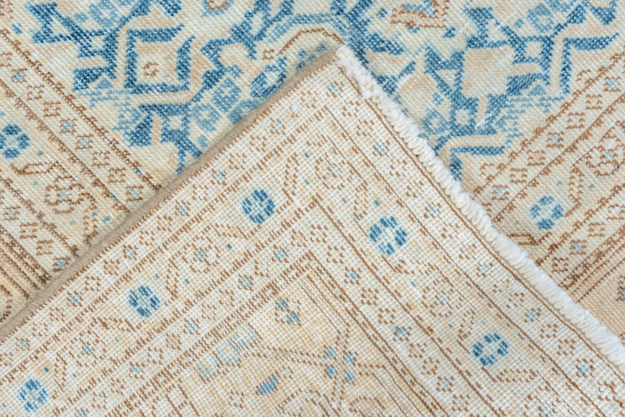 7' x 10' one-of-a-kind handmade vintage Tabriz large size rug. Color palette: ivory, sky blue, beige, tan, slate, camel