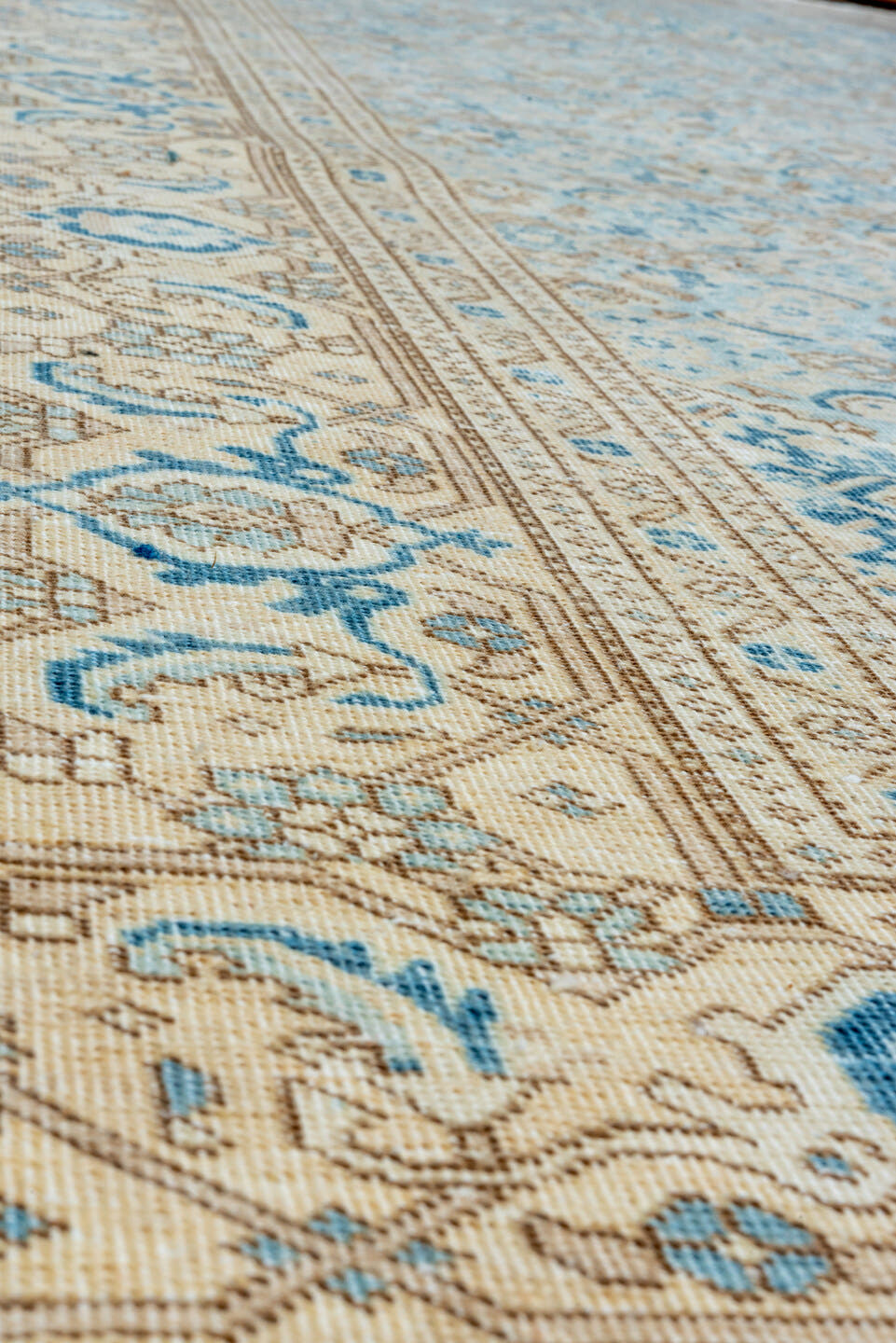 7' x 10' one-of-a-kind handmade vintage Tabriz large size rug. Color palette: ivory, sky blue, beige, tan, slate, camel
