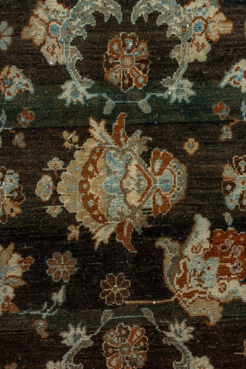 12' x 14' one-of-a-kind handmade vintage Malayer oversize rug. Color palette: charcoal, ivory, rust, pale blue, camel, taupe