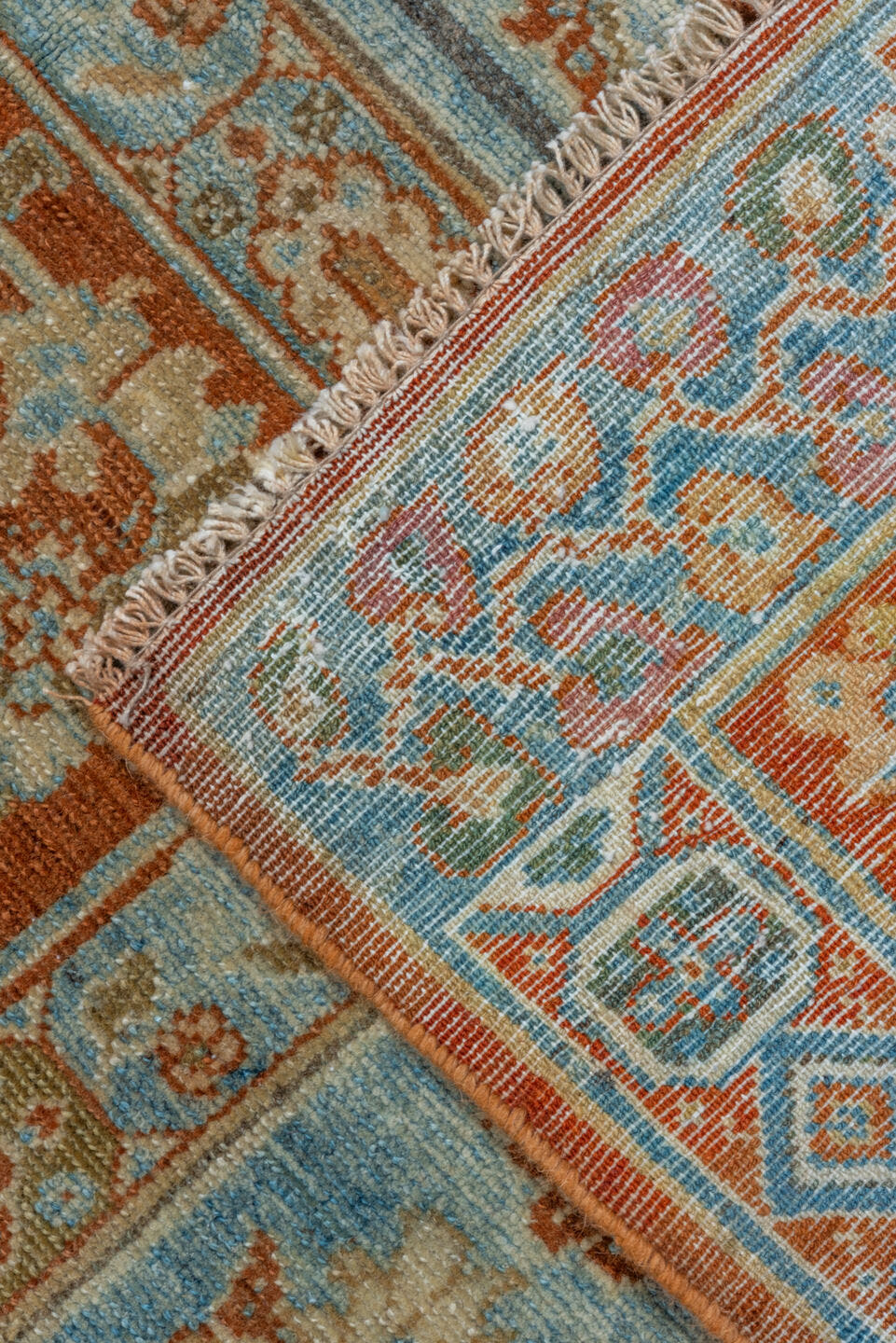 12' x 14' one-of-a-kind handmade vintage Malayer oversize rug. Color palette: charcoal, ivory, rust, pale blue, camel, taupe