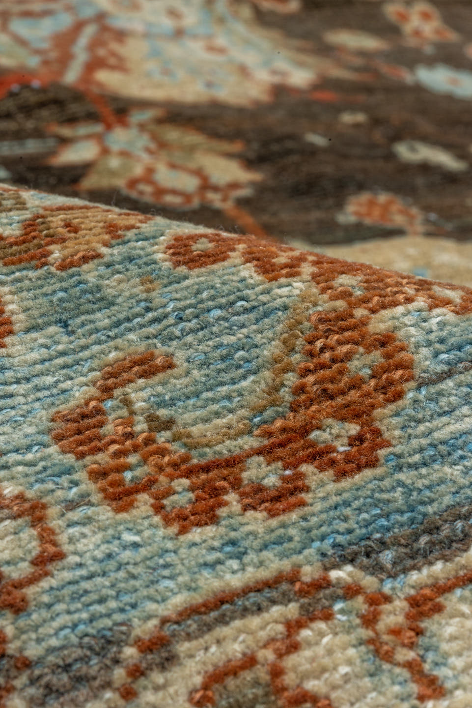 12' x 14' one-of-a-kind handmade vintage Malayer oversize rug. Color palette: charcoal, ivory, rust, pale blue, camel, taupe