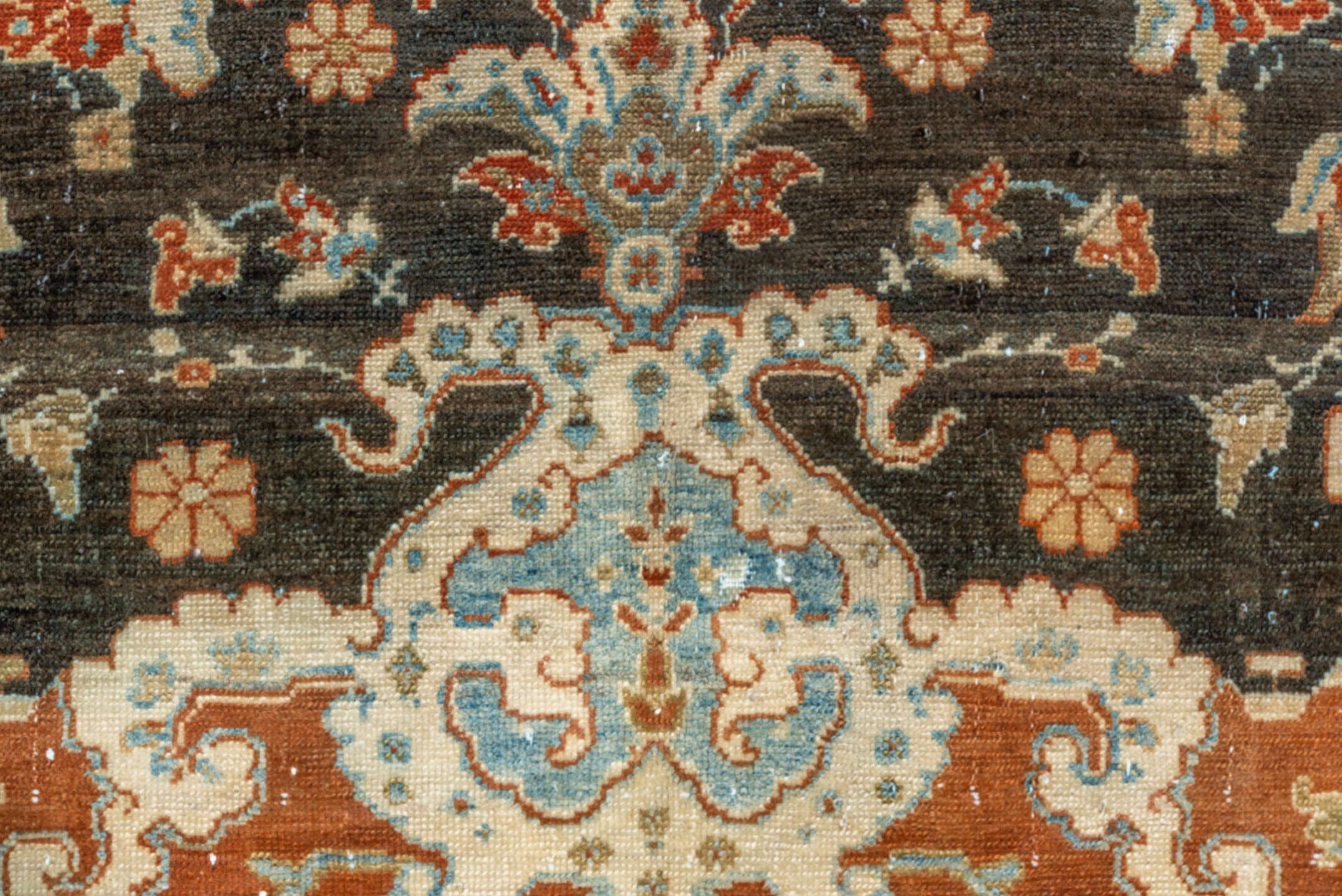 12' x 14' one-of-a-kind handmade vintage Malayer oversize rug. Color palette: charcoal, ivory, rust, pale blue, camel, taupe