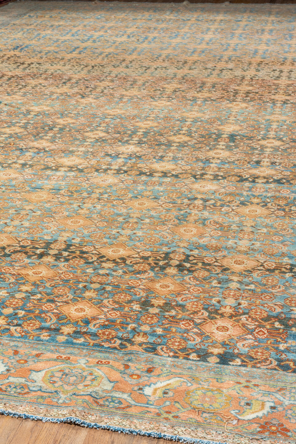 11' x 20' one-of-a-kind handmade vintage Malayer oversize rug. Color palette: blue, camel, ivory, taupe, brown, peach, teal