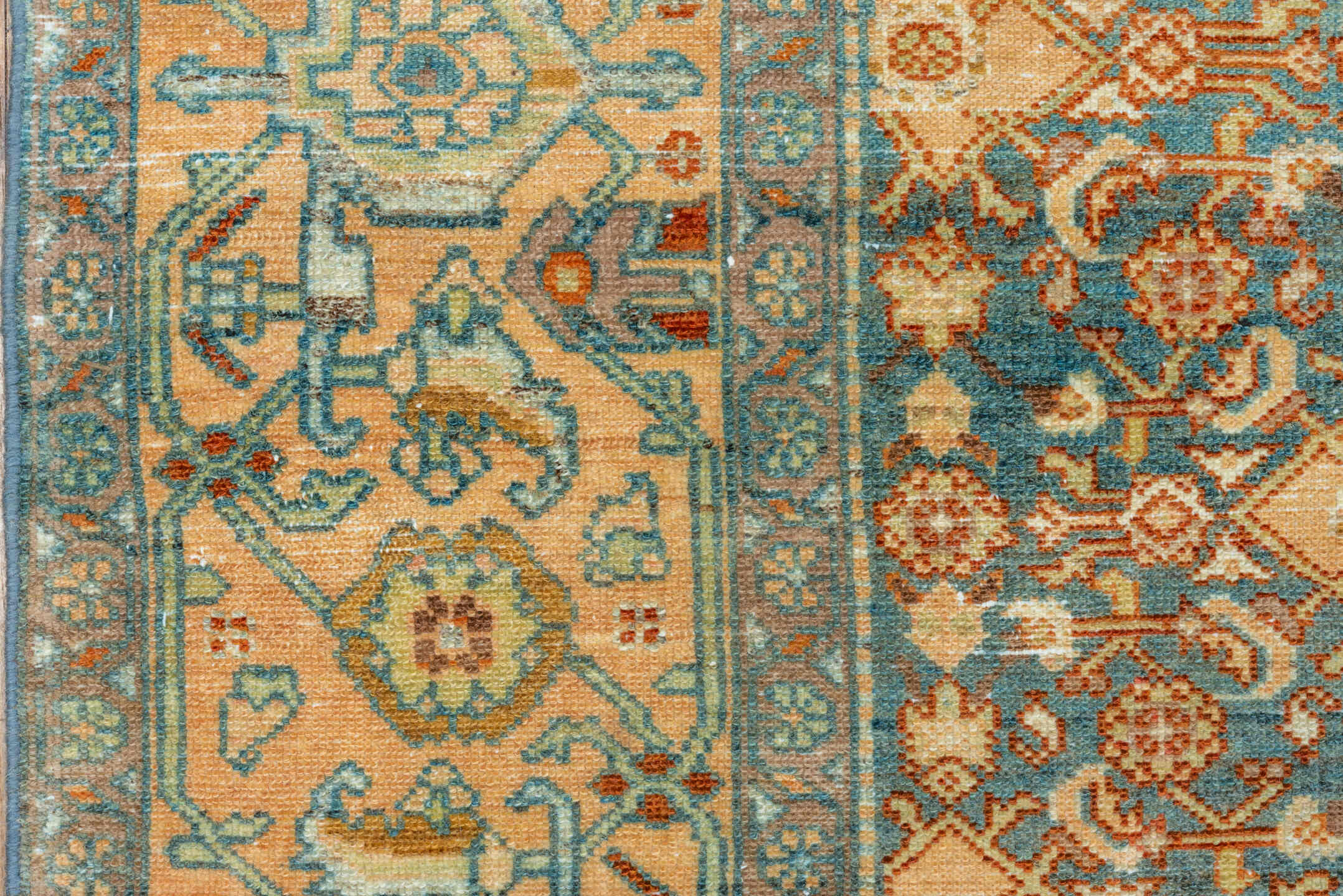 11' x 20' one-of-a-kind handmade vintage Malayer oversize rug. Color palette: blue, camel, ivory, taupe, brown, peach, teal