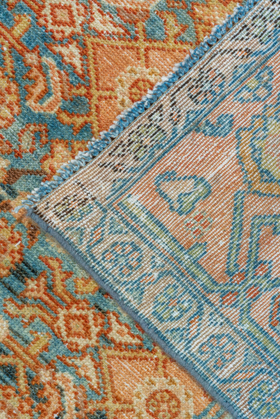 11' x 20' one-of-a-kind handmade vintage Malayer oversize rug. Color palette: blue, camel, ivory, taupe, brown, peach, teal