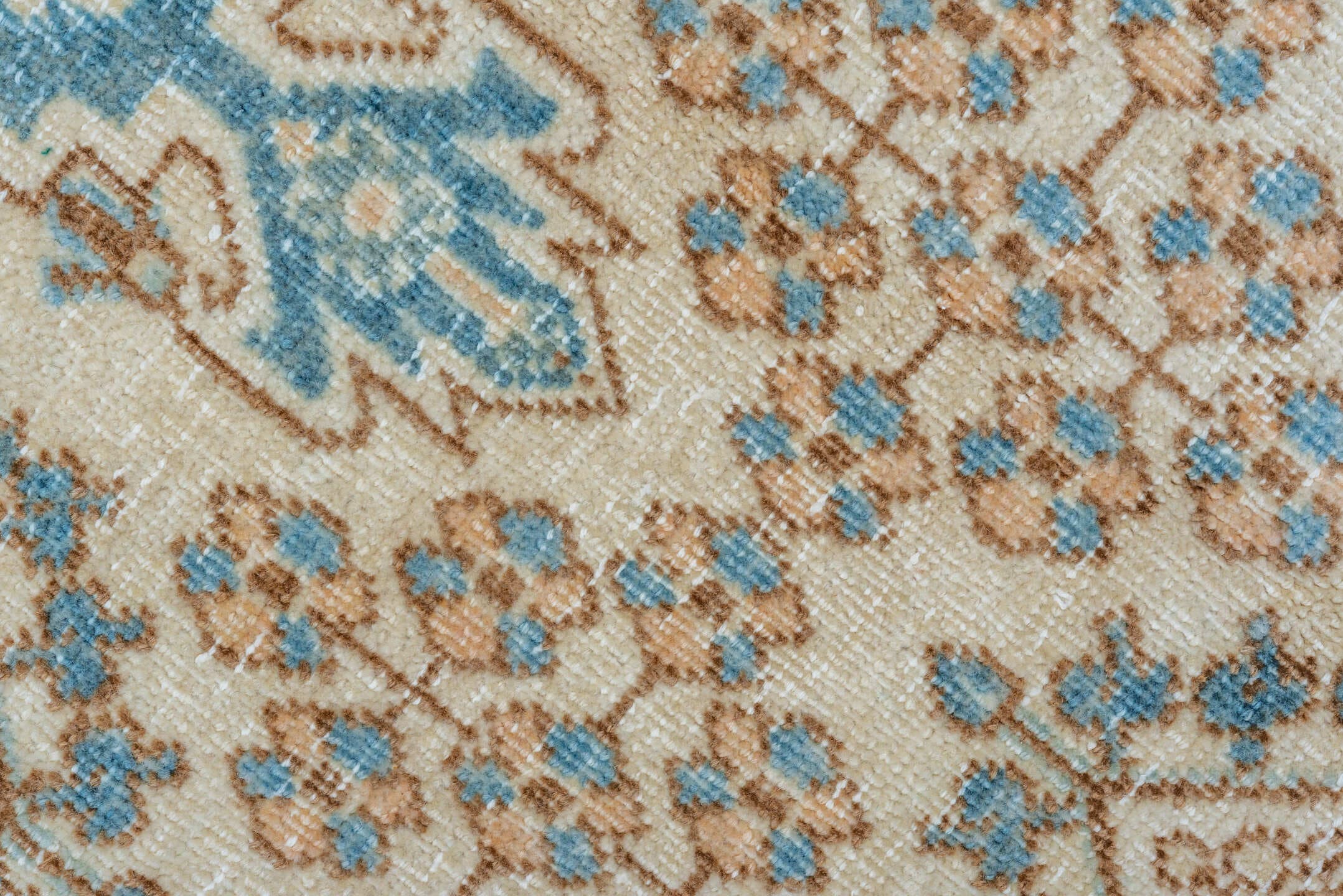 7' x 11' one-of-a-kind handmade vintage Joshegan large size rug. Color palette: ivory, sky blue, taupe, beige, camel