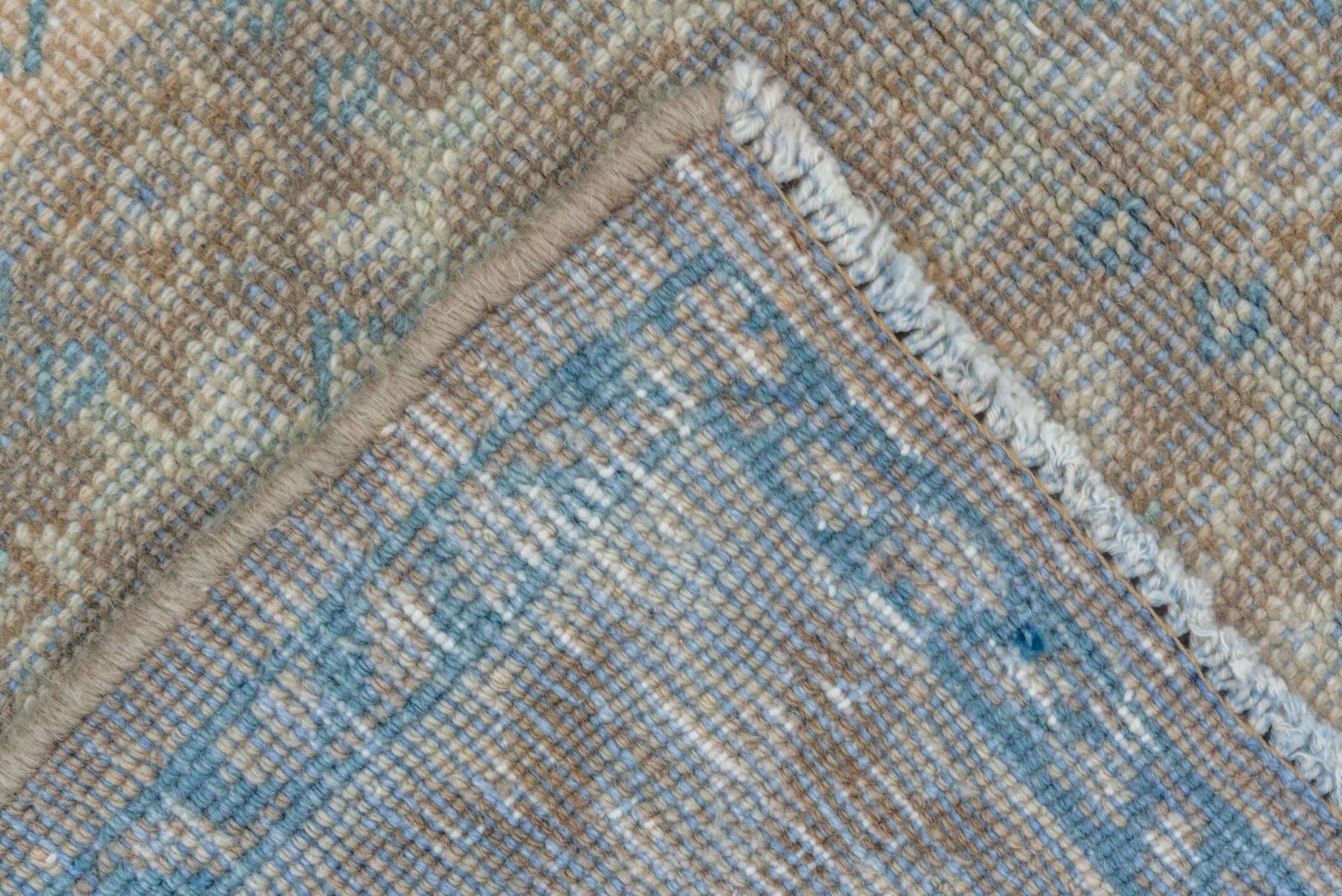 3' x 10' one-of-a-kind handmade vintage Mahal runner rug. Color palette: taupe, sky blue, ivory, beige, camel, light gray